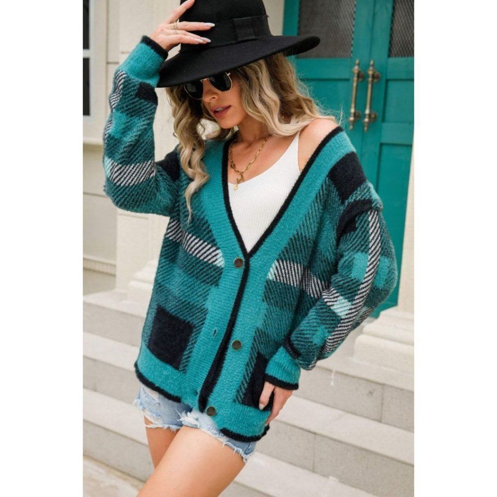 Striped Button-Front Fuzzy Cardigan Women's Blue​